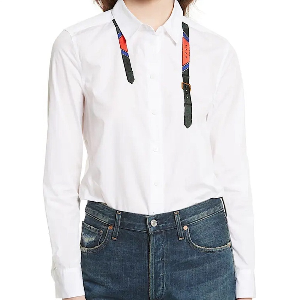 🆕 EQUIPMENT Essential Trompe L’Oeil Belt Print Button Down Shirt in Whit…